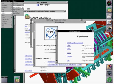 1993年にNeXT製コンピュータ上で稼働するCERNのオリジナルウェブブラウザ
