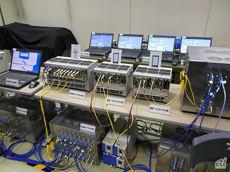 　Advanced MIMOの実現に向けた実験環境。デジタル基地局、アナログ基地局の役割を持つ機器と、デジタル端末、アナログ端末の役割を持つ機器を有線接続し、実験している。下にある機器から伸びる青いケーブルが電波の代わりを果たす。有線伝送でもあえて信号が混ざる環境を作り、フィードバックを受けて分離配信する実験を行っているという。