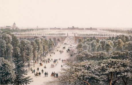 　エッフェル塔の建設以前に、シャン・ド・マルス公園とエコール・ミリテールをトロカデロ宮の高い部分から見渡したところ。