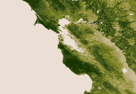 　サンフランシスコベイエリアの植生図。サンフランシスコを中心に、北にはポイントレイエス国有海岸の緑の多い沿岸地域が、南にはサンタクルーズ山脈が写っている。東のセントラルバレーの農地に向かうにつれて気候が変わっていく。