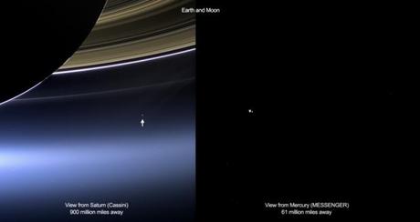 　この画像はNASAの宇宙探査機Cassiniと「Messenger」が19日に撮影した地球と月の写真だ。

　Cassiniの写真では、広角カメラが土星の環、地球、月を同じフレームに収めている。この画像では、地球は9億マイル（約14億4800万km）離れたところにあり、中央右寄りに青い点で表示されている。月はその右側でごくかすかな点となっている。

　Messengerの写真は6100万マイル（約9800万km）離れたところから、光輝く1対の星のような地球と月を写し出している。
