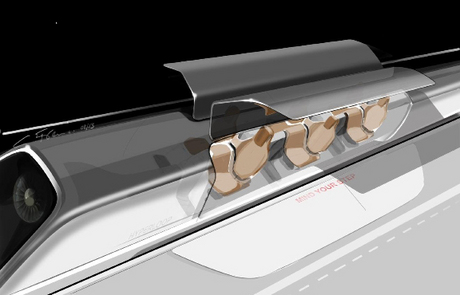 　Hyperloopの乗客用カプセル。駅でドアを開いた状態を示している。
