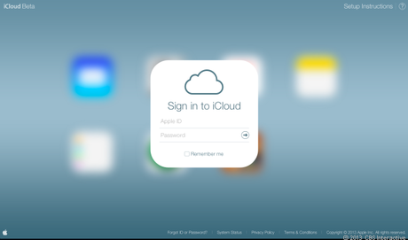 　Appleによる「iOS」のデザイン刷新が、「iCloud」サービスのベータ版にも波及した。ここでは、「iOS 7」に似た同サービスの新しいルックアンドフィールを画像で紹介する。

　新しいログイン画面。
