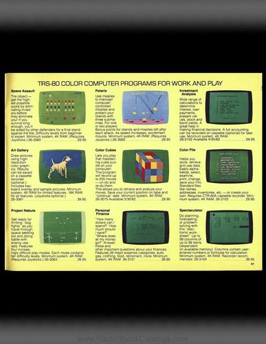 　TRS-80の用途はビジネスに限られなかった。1982年のこの広告では、「仕事と遊びのためのプログラム」と称して、「Space Assault」「Art Gallery」「Color Cubes」などが紹介されている。