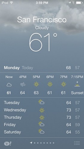 　天気アプリは、スタンドアロンの「Yahoo Weather」に非常によく似た外観になっている。