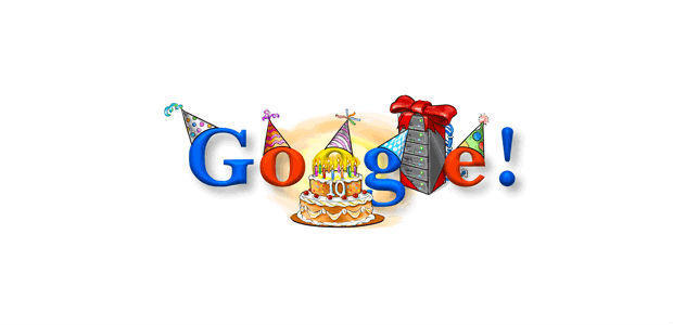 　10周年を祝うDoodleには、Googleの文字列の中にサーバのラックやケーキが描かれた。Googleは、アイルランドからシンガポールにいたるまで世界中にデータセンターを保有しており、同社製品を毎日24時間休みなく稼働させている。