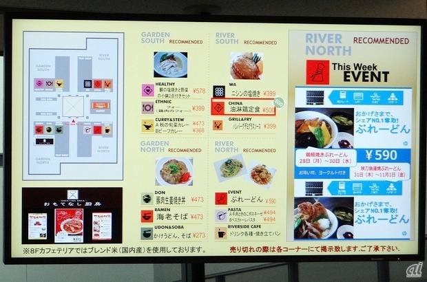 　日本HPの本社は8階がすべて社食エリア。フロアは、手早く食べられるメニューが中心の「GARDEN NORTH」、“健康”をテーマにした低カロリーメニューが中心の「GARDEN SOUTH」、1日中利用できるカフェとパスタやイベントメニューを提供する「RIVER NORTH」、“焼く”“煮込む”といった調理方法にこだわったメニューが中心の「RIVER SOUTH」の大きく4エリアに分かれています。