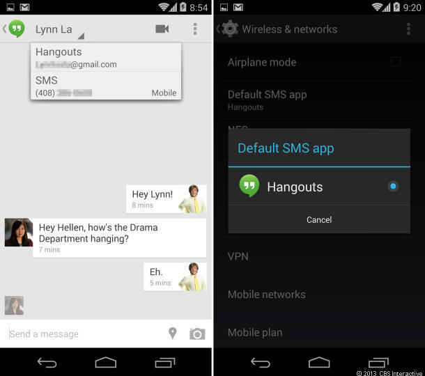 Hangoutsは、チャットとテキストメッセージ（左）を統合し、デフォルトのSMSアプリとして機能する。