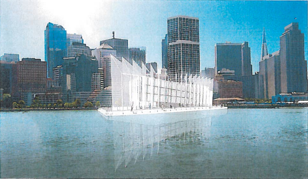 Google Bargeと呼ばれている洋上建築物の完成予想図。帆が取り付けられている。