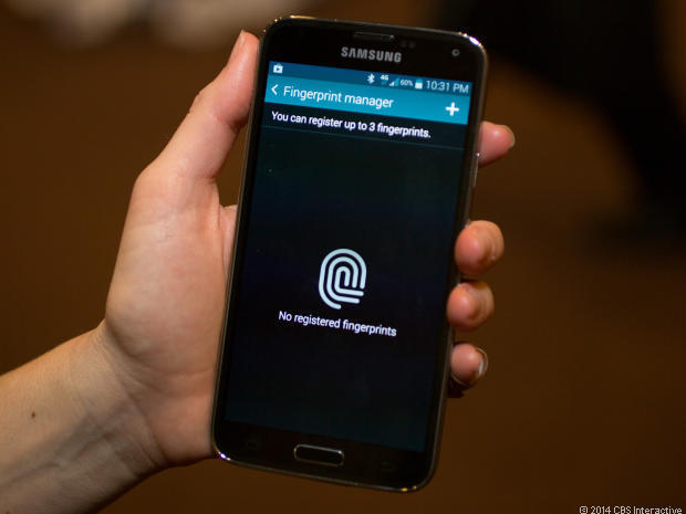 　Galaxy S5には最大3つの指紋を登録できる。タップした後に「Fingerprint manager」（指紋管理）ウィンドウが表示されたら、「+」記号を押して開始する。