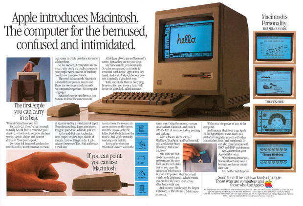 　1984年にAppleは「Macintosh」を発売した。「バッグに入れて持ち運べる最初のApple」だとしている。