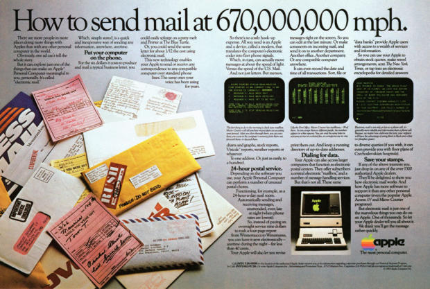 　1983年に発表された、Apple IIIの「時速6億7000万マイル」というコピーの広告では、「電子メール」と呼べそうなものを説明している。
