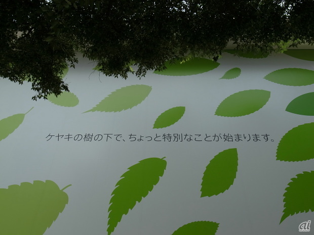 　正面向かって左側には、「ケヤキの樹の下で、ちょっと特別なことが始まります」とのメッセージが書かれている。