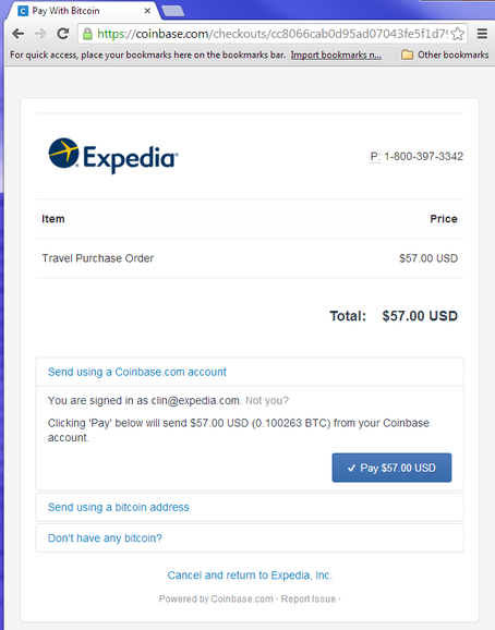 ExpediaはCoinbaseのサービスを使用してBitcoinでの決済を処理する。