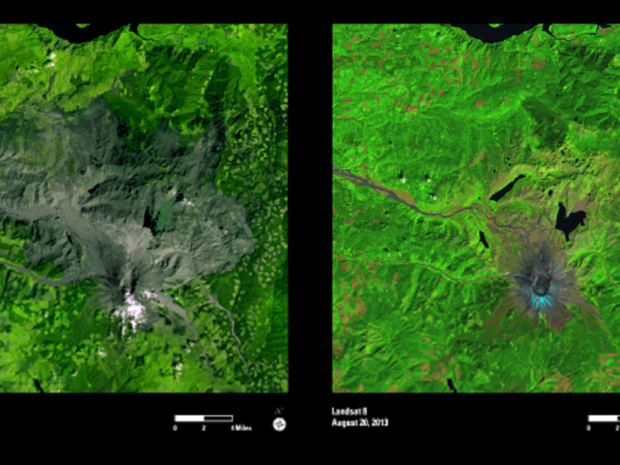 セントヘレンズ山

　セントヘレンズ山が30年前に噴火してから、この地域が元に戻るまでは長い時間がかかったが、右側の最近撮影されたLandsatの画像は、火山のすぐ近くまで生命が戻ってきていることを示している。