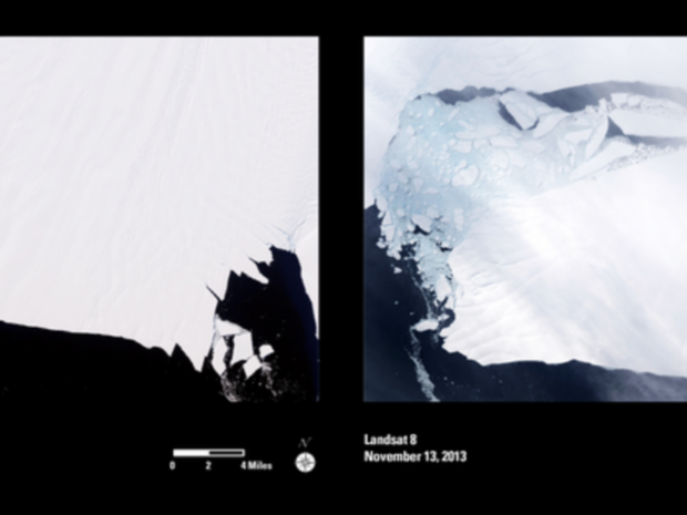南極パインアイランド氷河

　南極の氷河の氷は、ゆっくりと海に流れているというニュースを聞いたことがあるかもしれない。実際にはこんな風に見える。この写真では、パインアイランド氷河の氷塊がゆっくりと南極大陸の棚氷から離れつつある。