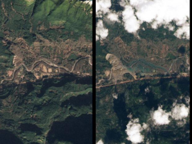 ワシントン州の地滑り

　これらは、Landsat 8が撮影した1月（左）と3月の終わり（右）のワシントン州オソの写真だ。地滑りによって生じた土砂がスチラグアミシュ川をせき止め、周壁湖ができている。