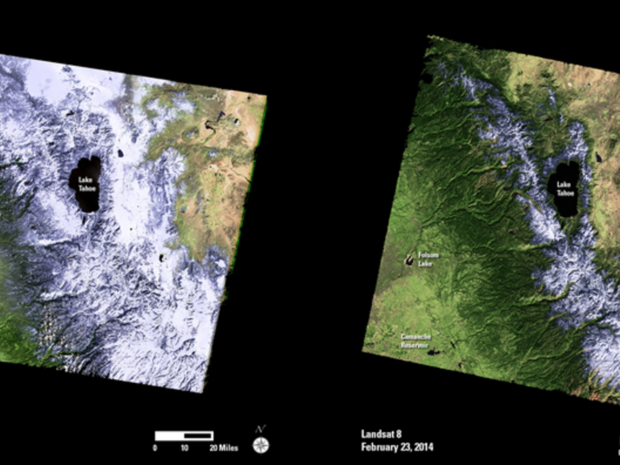 雪のない山脈

　左の写真が撮影された日のちょうど3年後が右側の写真であることからも分かるとおり、2014年のカリフォルニアのシエラネバダ山脈の積雪は、記録的な少なさだ。Landsatはあらゆる種類の環境要因に目を配っており、われわれが将来に備えるのに役立っている。2014年夏の米国西側に関して言えば、これらの写真は特に森林火災が増える可能性を示している。