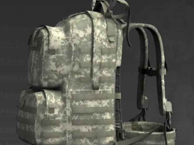 　リュックサックとベストが一体型となった、「Modular Lightweight Load-Carrying Equipment」（MOLLE）。食料からGPSロケーター、救急箱、防弾保護眼鏡など、戦闘中に必要なものをほぼすべて携行できる。米陸軍によれば、「ポーチだらけにならずに済む」という。