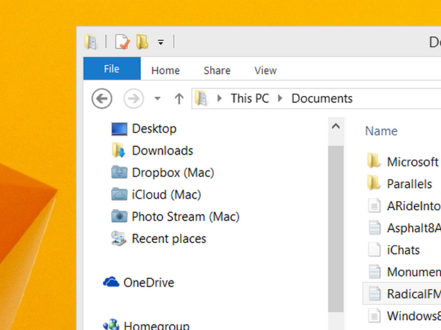 Macソースの選択

　この「Windows 8.1」のDocumentsウィンドウを見ると、Macを通じてファイルを保存する場所が追加されているのが分かる。左側のペインに表示されている「Dropbox」や「iCloud」「Photo Stream」といった場所にファイルを保存できる。