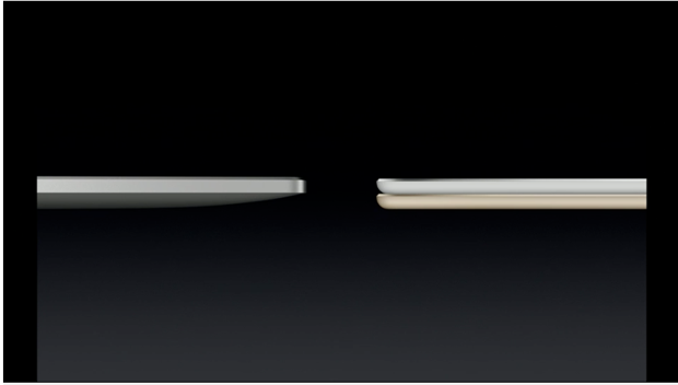 イベントでは、初代iPadとiPad Air 2を比較し、iPad Air 2を2つ重ねてもiPad Air 2の方が薄いとアピールした
