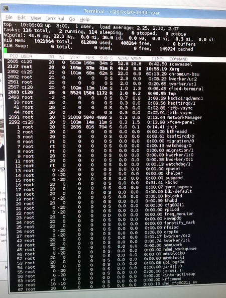 デスクトップの性能

　これを見れば、Debian 7.0で実行中の、Iceweaselブラウザ、ゲーム、「Chromium-bsu」のCPU利用率が分かる。