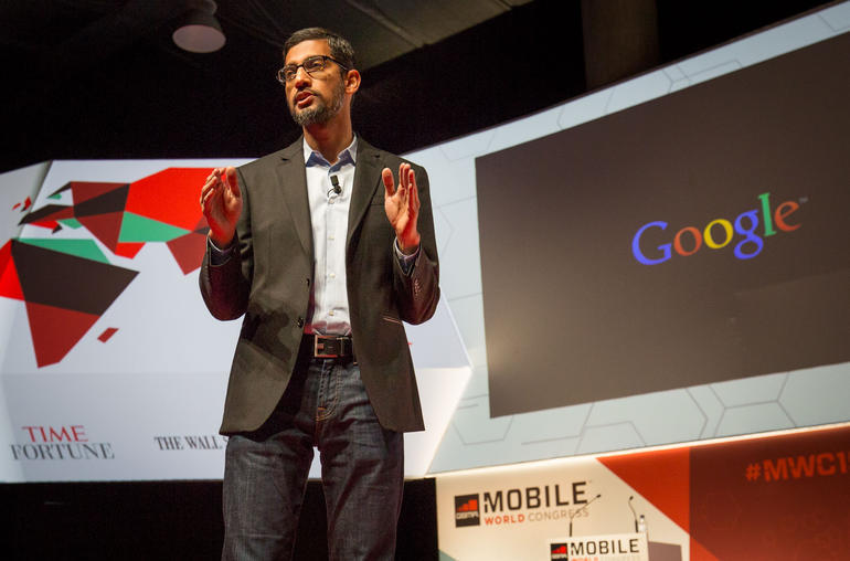 Mobile World Congress 2015で話をするGoogleの製品担当シニアバイスプレジデントを務めるSundar Pichai氏
