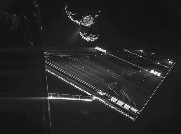 「Rosetta」の自撮り写真に写り込んだ彗星

　2014年9月に撮影された、欧州宇宙機関（ESA）の彗星探査機Rosettaの印象的な自撮り写真には、チュリュモフ・ゲラシメンコ彗星が写り込んでいる。この写真が撮影されたとき、Rosettaチームはまだ、着陸機「Philae」が同彗星に着陸する地点を決めているところだった。
