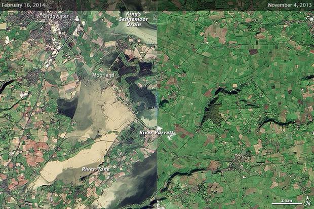 水浸しになったサマセット

　これも災害前後の合成画像だ。LandSat 8によるこれらの画像を見れば、サマセット低地として知られるイングランド南西部の地域が洪水で水没した様子が分かる。左側は洪水の被害に遭った地域で、右側は普段の同地域を撮影した衛星画像だ。
