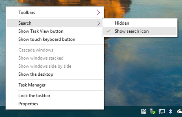 タスクバーを片付ける

　Windows 10には、いくつかの新しいタスクバーボタンが搭載されているが、筆者はタスクバーを乱雑でない状態にしておくのが好きだ。これらの余計なアイコンを削除するには、タスクバーを右クリックして、「Show Task View button」と「Show touch keyboard button」のチェックを外そう。デスクトップからCortana検索を行う必要がない場合は、「Search」をマウスオーバーして「Hidden」にチェックを入れ、検索ボタンを非表示にすることもできる。
