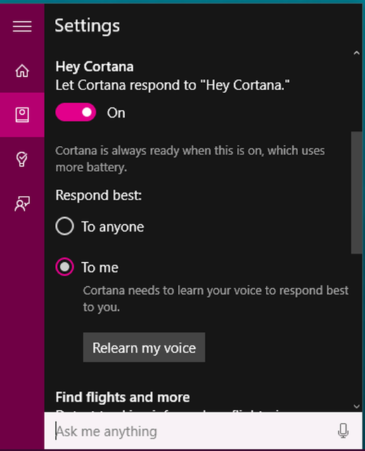 「Cortana」を設定する

　声で操作するパーソナルな検索アシスタントというアイデアが好きなら、最初にいくつかの設定をしておくと、「Cortana」をさらに使いこなせる。まず、「Hey, Cortana」をオンにすると、このフレーズでCortanaを起動できるようになる。次に「Search」＞Settings」へ進んで、最もよく反応する相手を選択する箇所で自分を選択する。6つのフレーズを復唱して、Cortanaにユーザー自身の声を覚えさせよう。