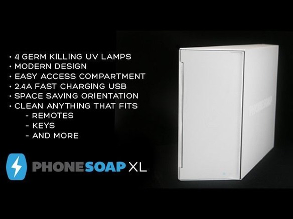 紫外線でタブレットを殺菌する充電ボックス「PhoneSoap XL」