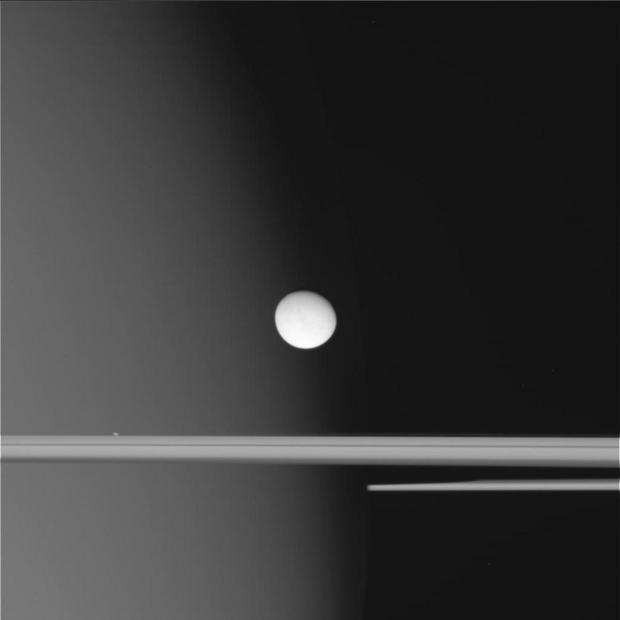 土星の輪の上に浮かぶエンケラドス

　NASAの土星探査機Cassiniは14日、土星の衛星エンケラドスに接近して画像を撮影した。この印象的な生画像から、土星の輪の上を氷に覆われた衛星が浮遊する様子が分かる。