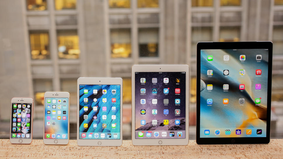 iPhone 6s、iPhone 6s Plus、iPad mini 4、iPad Air 2、iPad Pro（左から右）