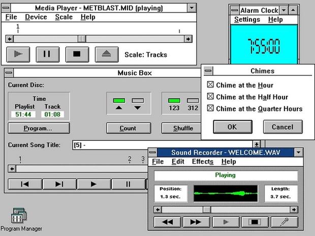　Windows 3.0のあるバージョンには、CDプレーヤー「Music Box」、「Sound Recorder」などの機能が含まれた「Multimedia Extensions」が搭載された。