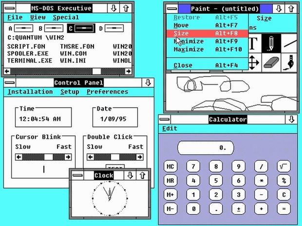 　1987年には、同じアプリケーションが搭載された「Windows 2.0」が登場したが、今度はウィンドウのサイズを変更したり相互に重ねたりできるようになった。コントロールパネルとキーボードショートカットも新しくなった。