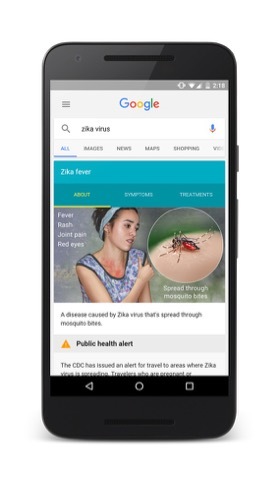 ジカウイルス関連の検索が増加していることから、同ウイルスに関する情報を検索結果で直接提供しているGoogle