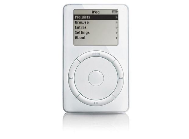 「iPod」（2001年）

　初代iPodに保存できる楽曲は最大1000曲だった（当時は膨大な楽曲数に思えた）。iPodは後にMP3プレーヤー市場を席巻する。回転するクリックホイールを使って、簡単にメニューバーをスクロールすることができた。Appleはその後、「iPod mini」「iPod nano」「iPod shuffle」「iPod touch」などを発売し、iPodのラインアップを大幅に拡充した。
