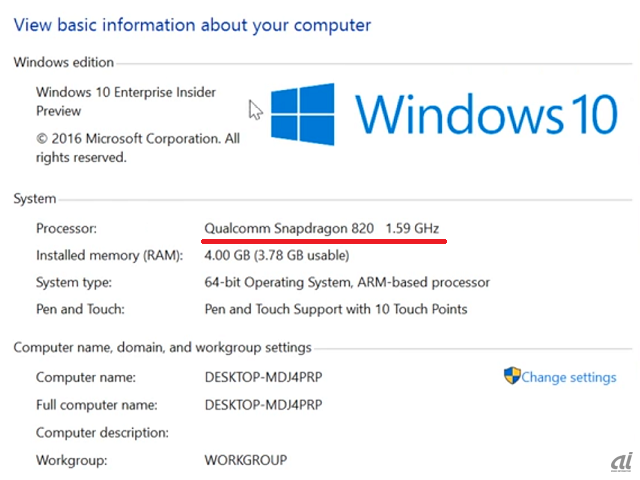 Microsoftが公開した「Snapdragon」での「Windows 10」動作デモ動画からキャプチャ。「Snapdragon 820」で動作している様子がわかる