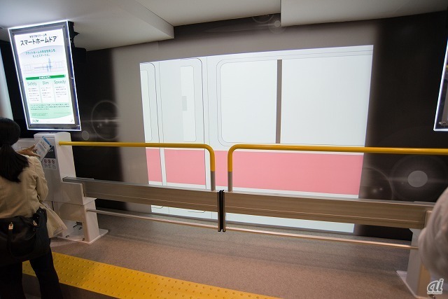 　JR東日本の子会社、JR東日本メカトロニクスが開発した「スマートホームドア」。扉部分を簡易な物とすることで重量を軽減したほか、扉に掛かる風荷重も低減させた。また、開口部を広く取ることにより、停止位置への停車支援装置を車両に設置しなくともホームドアの設置を可能としている。このホームドアは、JR横浜線の町田駅にて実証実験が行われている。