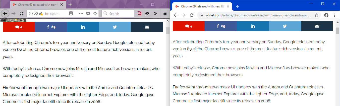 この画像は、「Windows 10」搭載マシン上の「Firefox 62」（左）とChrome 69（右）のテキストレンダリングを示している