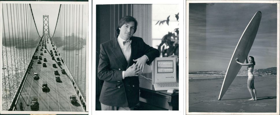 The New York Timesは写真のアーカイブをデジタル化しようとしている。これはその一部だ。左から、サンフランシスコ・オークランド・ベイブリッジの開通、Appleの共同創業者Steve Jobs氏（1984年撮影）、女優レジーナ・グリーソンさんとサーフボード（1948年撮影）