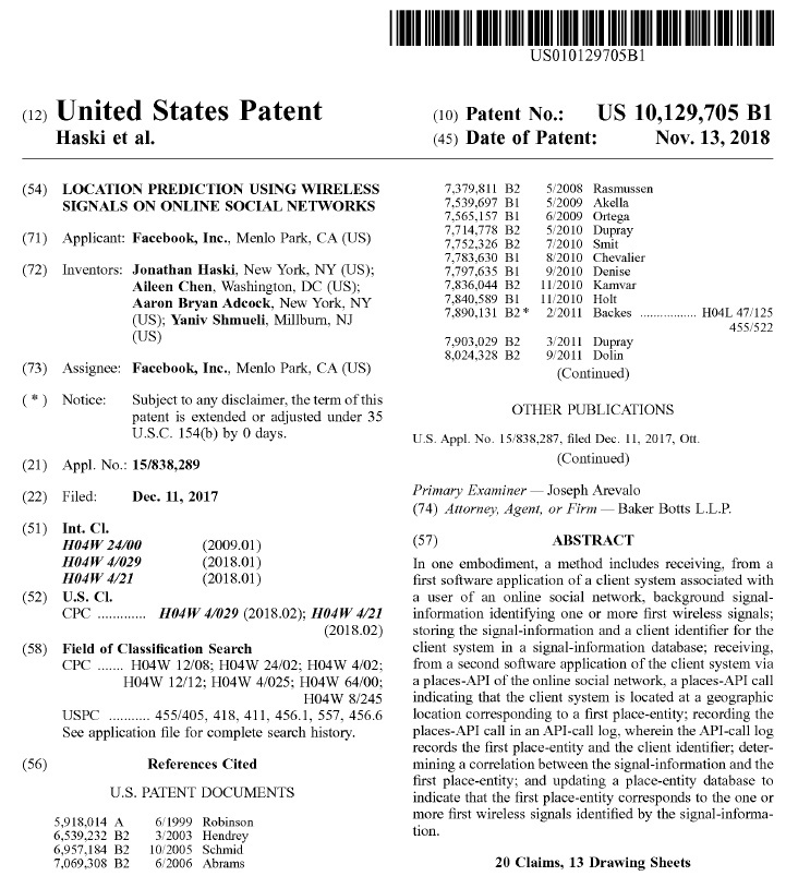 登録されたFacebookの特許（出典：USPTO）