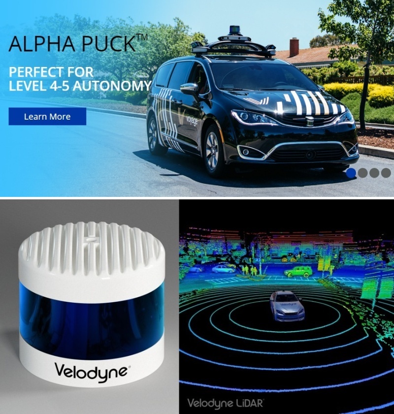 自動車の上部にあるLiDAR（上）、Velodyne製LiDAR「Alpha Puck」（下左）（出典：Velodyne LiDAR）