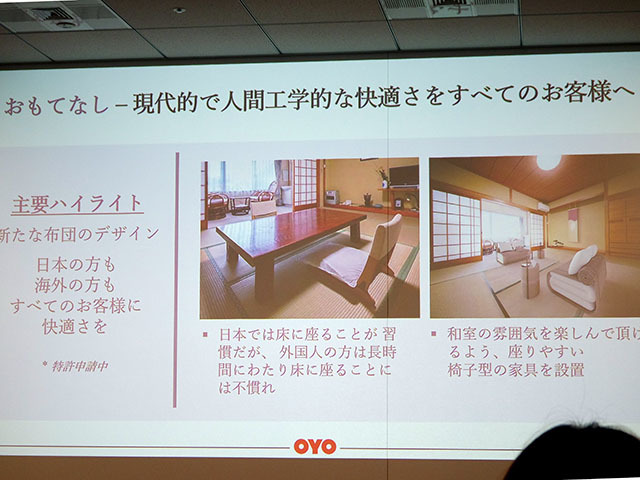リフォーム前後。「OYO Ryokan」（右）では座椅子をなくし、ソファベッドを採用する