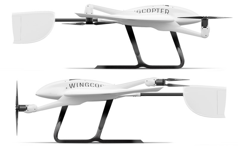 マルチコプター飛行モード（上）、固定翼飛行モード（下）（出典：UPS／Wingcopter）
