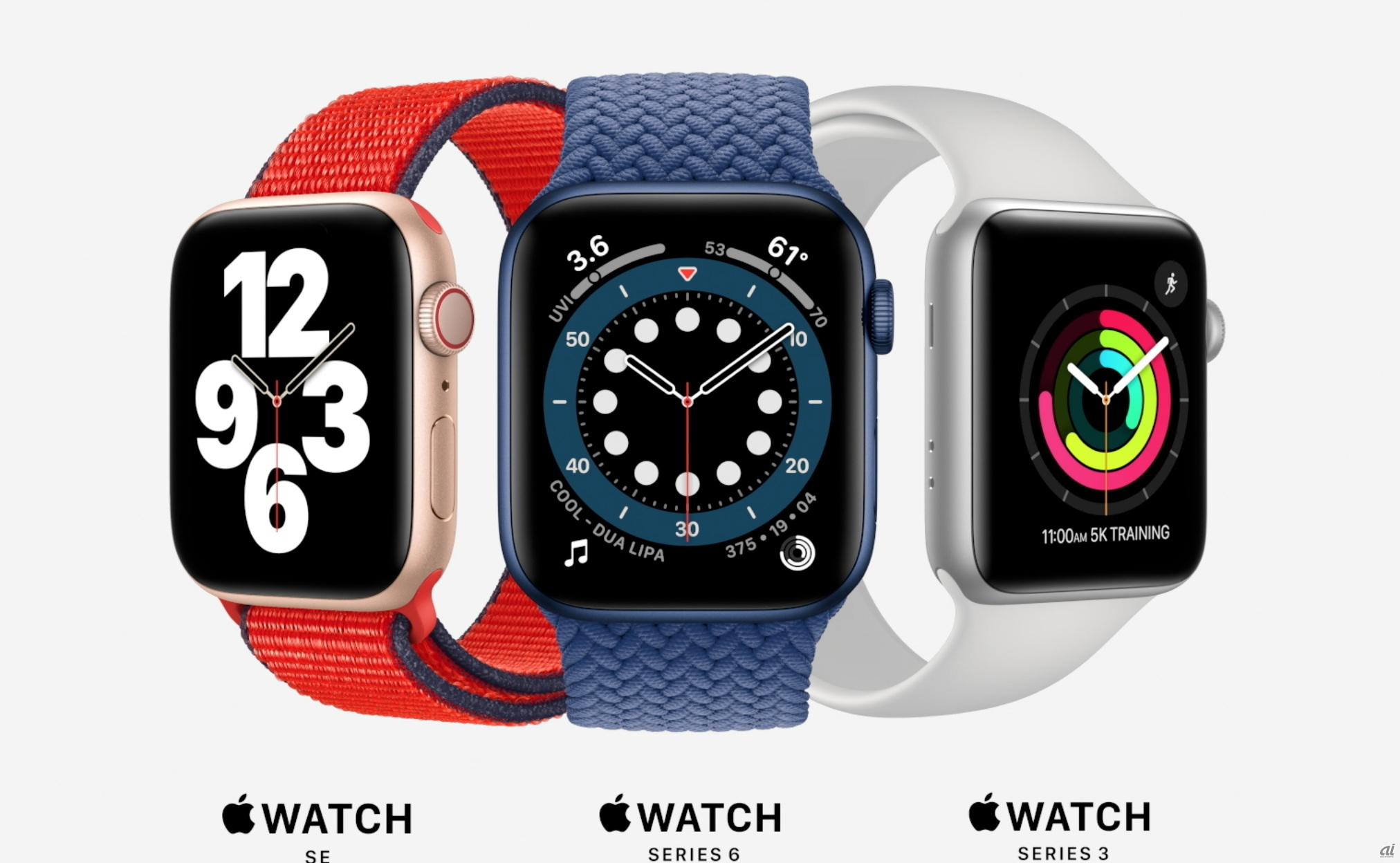 新たに発表されたApple Watch SE（左）とApple Watch Series 6（中央）、2万円を切るApple Watch Series 3（右）が現行ラインアップとなる