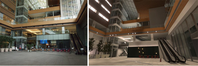 左から、実際の「マルキューブ」（丸の内ビル1階）、「バーチャル丸の内」上の「マルキューブ」イメージ
