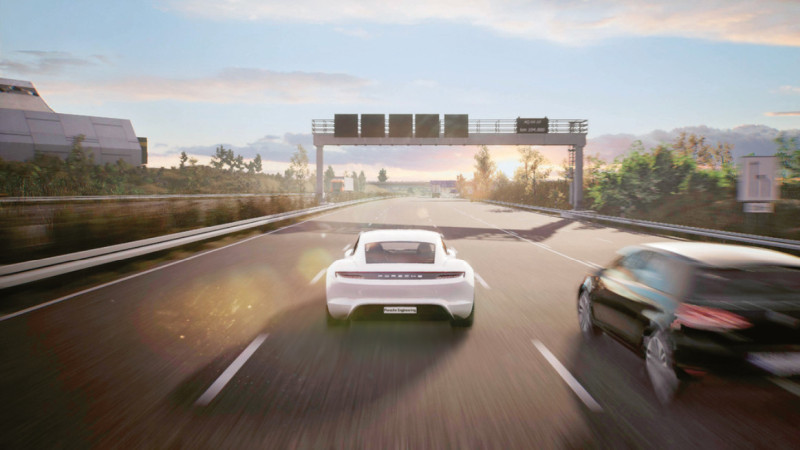仮想空間の高速道路を走る「Taycan」（出典：Porsche Engineering）