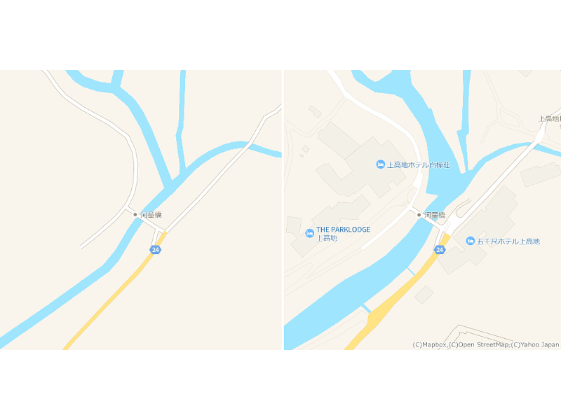 長野県の上高地。従来の地図（左）に加え、詳細地図（右）ではホテルの建物や遊歩道などの形が表示される
